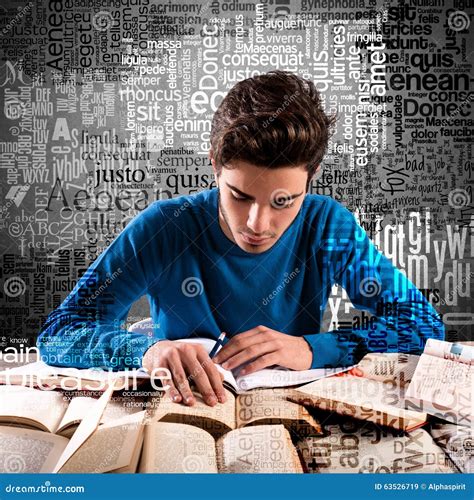 Boy Focused While Studying Stock Photo Image 63526719