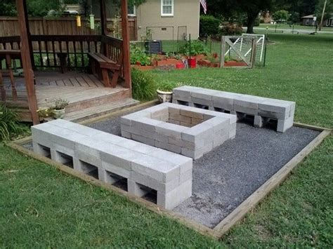 Using rumblestone rustic building blocks by pavestone. Fire pit and benches. 4*4*10 perimeter. Retaining wall block glue to set 4*8*16 blocks. Paver ...