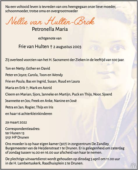 Nellie Petronella Maria Van Hutten Brok 29 03 2022 Overlijdensbericht