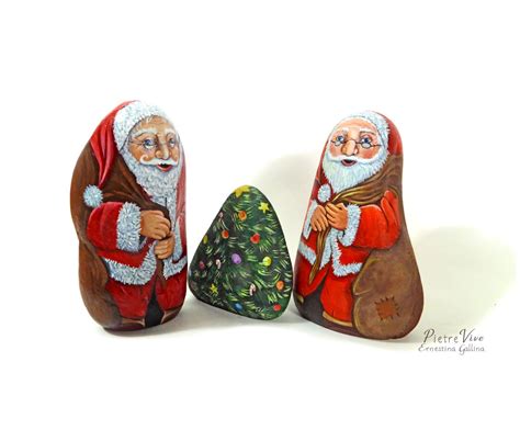 Two Santa Clause Stones Hand Painted Rocks By Ernestina Gallina