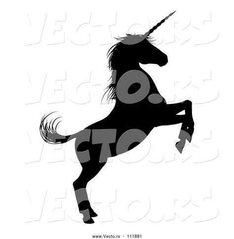 Vector Of Black Silhouetted Rearing Unicorn In Profile Facing Right By