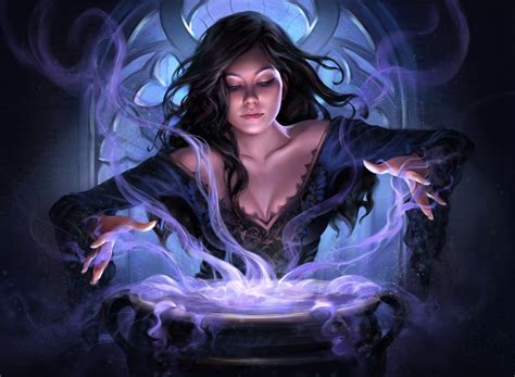 Fantasy Art Fantasy Girl Witch Magic Dark Hair Spell Black Dress Black Hair Hd Wallpaper