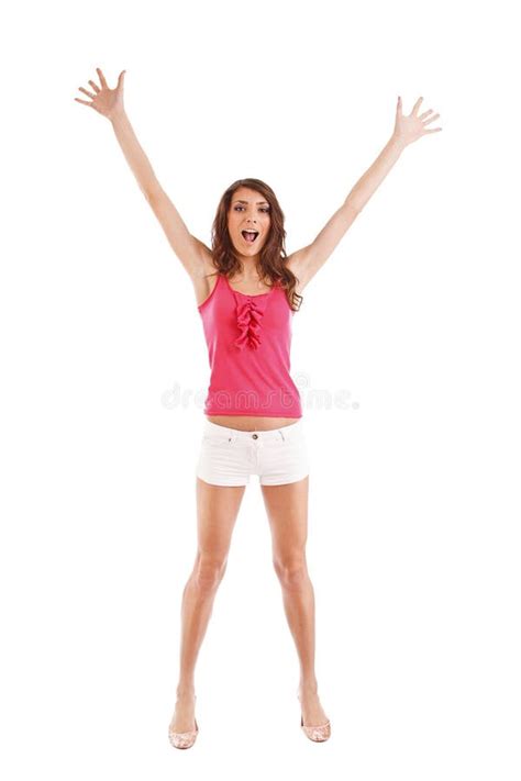 Woman Raises Her Arms Overhead Stock Photo Image Of Satisfied Adult