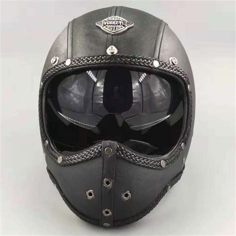 Vintage Full Face Motorcycle Helmet Sun Visor Deluxe Leather Cruiser
