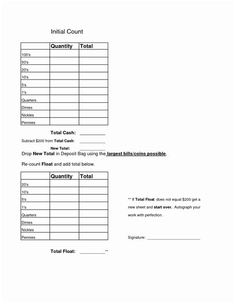 Drawer Count Sheet Template