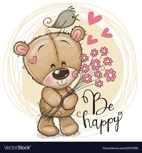 Cute Cartoon Teddy Bear With Flowers Royalty Free Vector