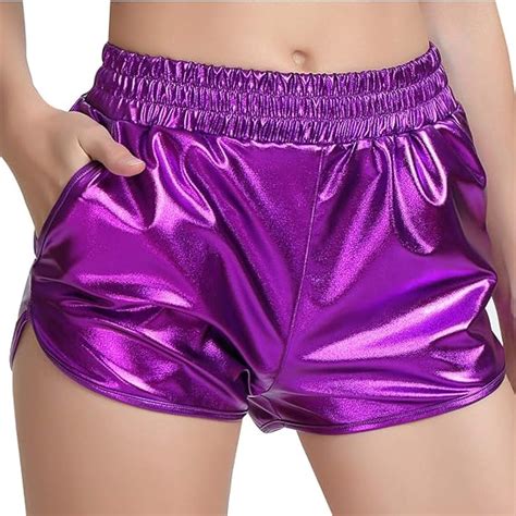 Dorcas Womens Metallic Shorts Elastic Waist Shiny Pants Silver Shorts For Women
