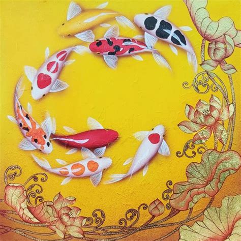 Stunning Koi Fish Lotus Flower Painting Royal Thai Art