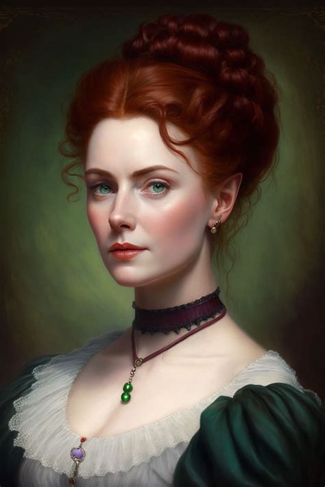 A Painting Of A Woman With Red Hair Wearing A Green Dress And Pearls On