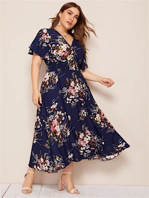 Plus Surplice Floral Print Shirred Waist Dress Plus Size Dresses