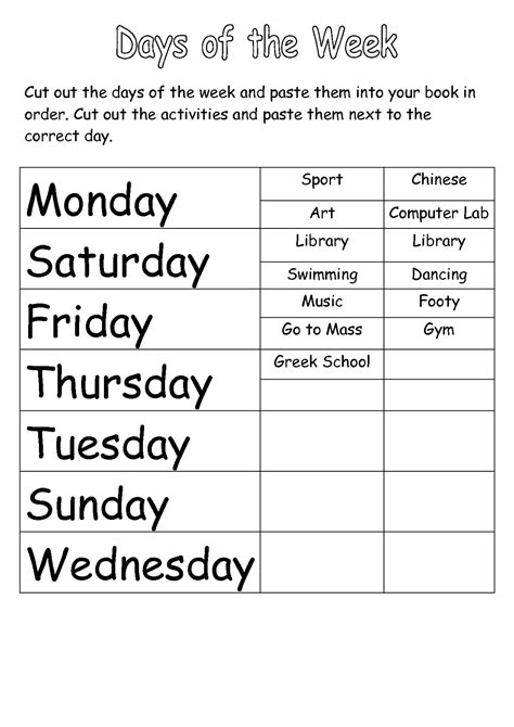 worksheets  days   week activity shelter