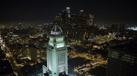 5k Stock Footage Aerial Video Flyby Los Angeles City Hall To Focus On
