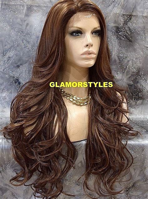 Human Hair Blend Lace Front Full Wig Long Wavy Layered Brown Auburn Mix Heat Ok Ebay