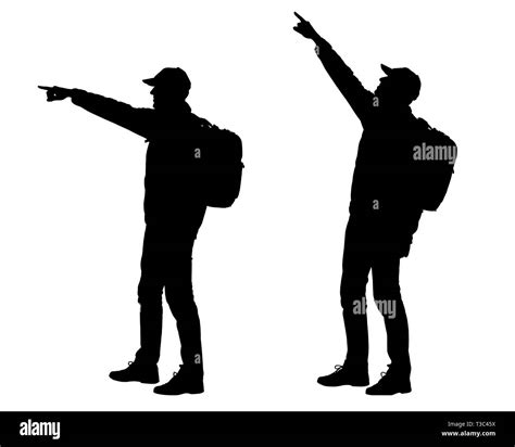 realistic silhouette of standing man tourist with backpack he points his hand in the distance