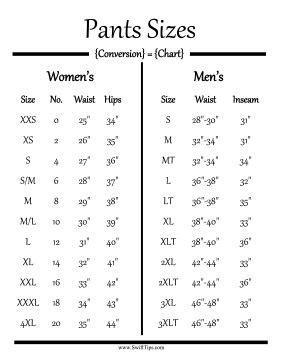 Pants Size Chart Conversion