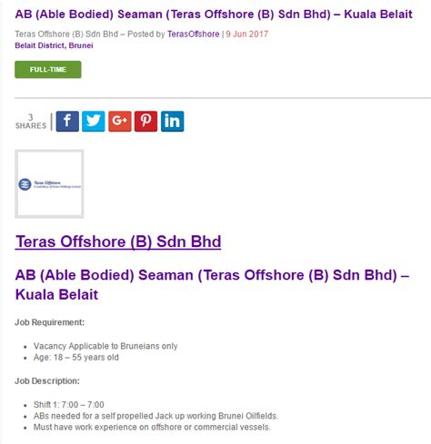 Aktualne notowania akcji spółki muhibbah engineering m bhd (muhi) wraz z wykresem kursu, wiadomościami i analizami. Oil &Gas Vacancies: AB (Able Bodied) Seaman (Teras ...