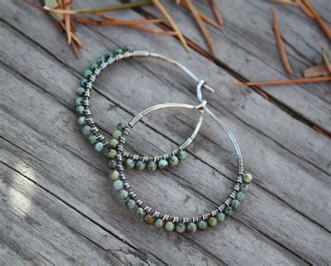 Sterling Silver Hoops, African Turquoise, Stone Hoops, Sterling Silver, Wire Wrapped Hoops 