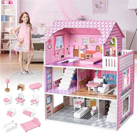 Large Wooden Dolls House Girls 3 Storey Dollhouse With Furniture Kids