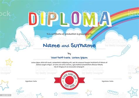 Colorful Kids Diploma Certificate In Cartoon Style Template向量圖形及更多保安圖片