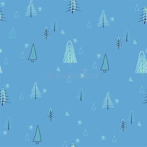 Forest Doodles Pattern On Blue Background Minimalistic Pattern With