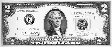 Two Dollar Bill Npresident Thomas Jefferson On The Front Of A Us