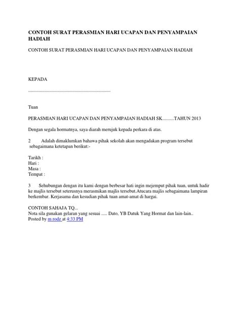 Contoh Surat Perasmian Hari Ucapan Dan Penyampaian Hadiah