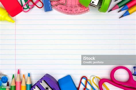 School Supplies Double Border On Lined Paper Background Stock Photo
