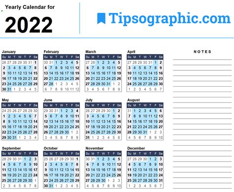 2022 Yearly Calendar Excel Tipsographic