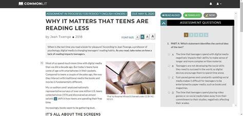 I need answers to this aritcle (commonlit.org). CommonLit: Why it matters that teens are reading less ...