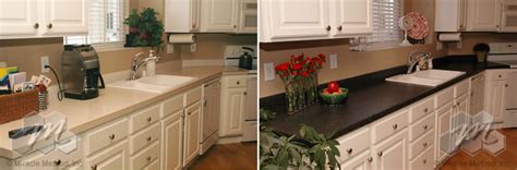 See the before and after of these dated countertops! Can chipped and scratched laminate countertops be repaired? - Miracle Method Surface Refinishing ...