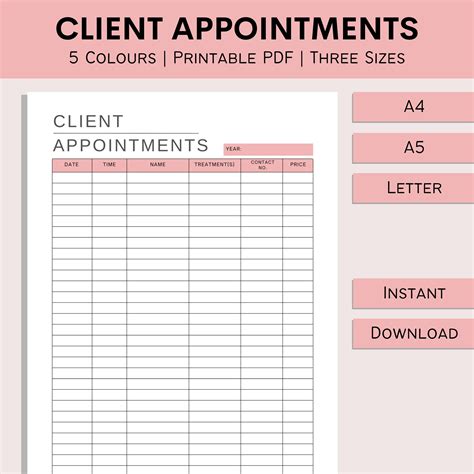 Client Appointments Printable Appointment Tracker Meeting Log Daily
