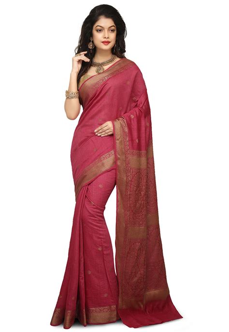 Its luster increasing after every wash. Banarasi Pure Muga Silk Saree in Pink : SNEA1360