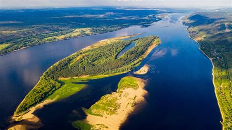 Aerial View From The Drone Of Landscape Volga River Flows Among The