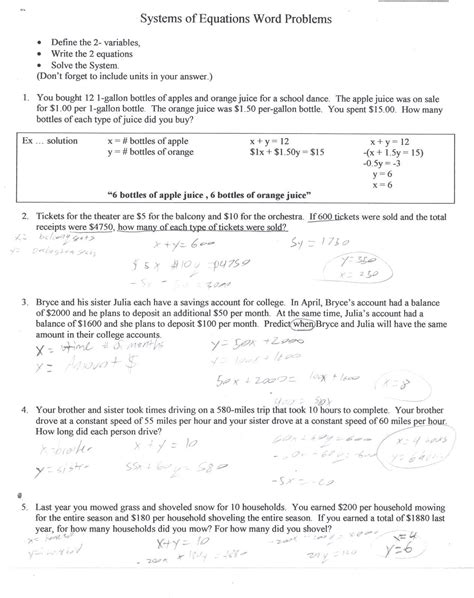 Linear Equation Word Problems Worksheet Solving Systems Equations Word