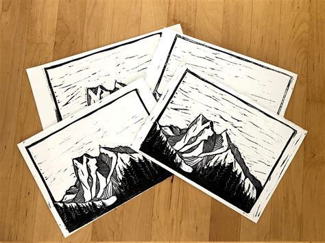 Mountain Range Linocut Print Outdoors Decor Camping Hiking Etsy