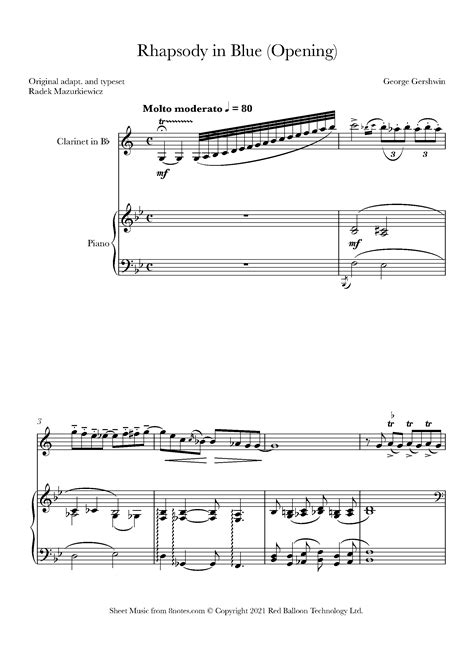 Gershwin Rhapsody In Blue Opening Sheet Music For Clarinet