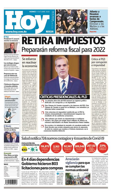 Portada Periódico Hoy Viernes 09 De Octubre 2020 Dominicanado
