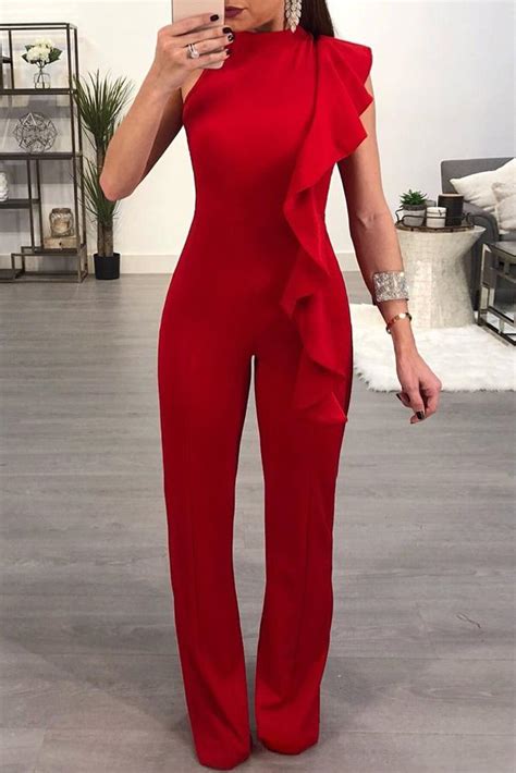 Red Asymmetric Ruffle Detail Sleeveless Jumpsuit Red Jumpsuits Outfit