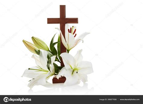 Cross With Lilies Isolated On White Background For Decorative Design