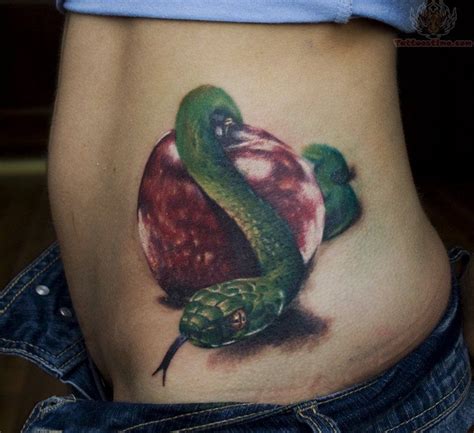 Green Snake And Apple Tattoo On Rib Apple Tattoo Snake Tattoo Tree