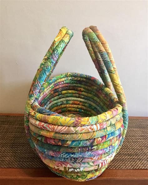Large Batik Fabric Coiled Basket With Handles Etsy Coiled Fabric