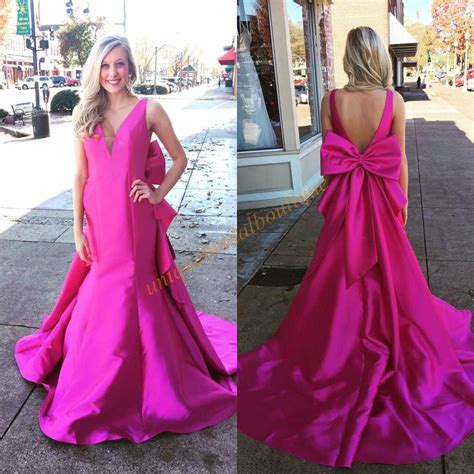 Big Bow Prom Dresses 2017 With V Neck And Open Back Real Photos Fuchsia