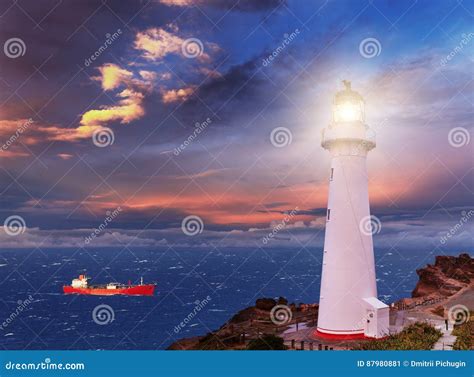 Seascape With Lighthouse Stock Image Image Of Cape Coastal 87980881