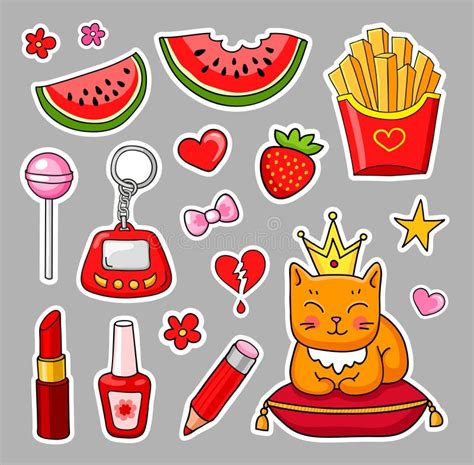 Set Of Cute Hand Drawn Colorful Stickers And Pins In Cartoon Style