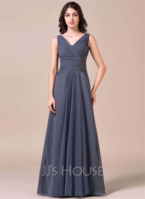 A Line Princess V Neck Floor Length Chiffon Bridesmaid Dress With Ruffle 007057713 Jjshouse