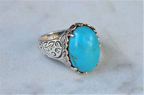 Large Sterling Silver Etched Oval Turquoise Ring Size 7 14 Etsy