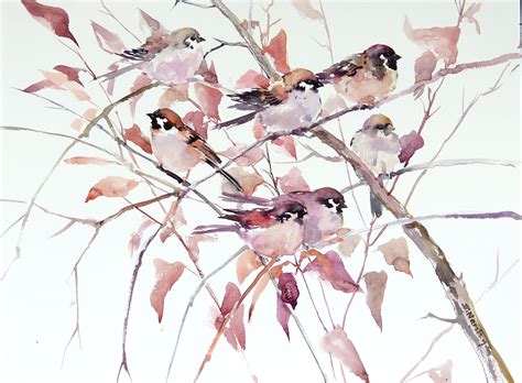 Sparrow And Spring Blossom Art Original Large Watercolor Painting