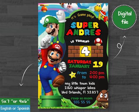 Super Mario 5 X7 Invite Invitaciones De Mario Bros Fi