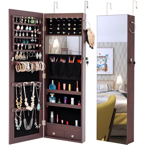 Full Screen Mirrored Jewelry Cabinet With Lock Internal Led Lights Wall
