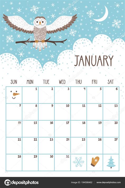 Vector Monthly Calendar With Cute Owl January 2018 Planning Design